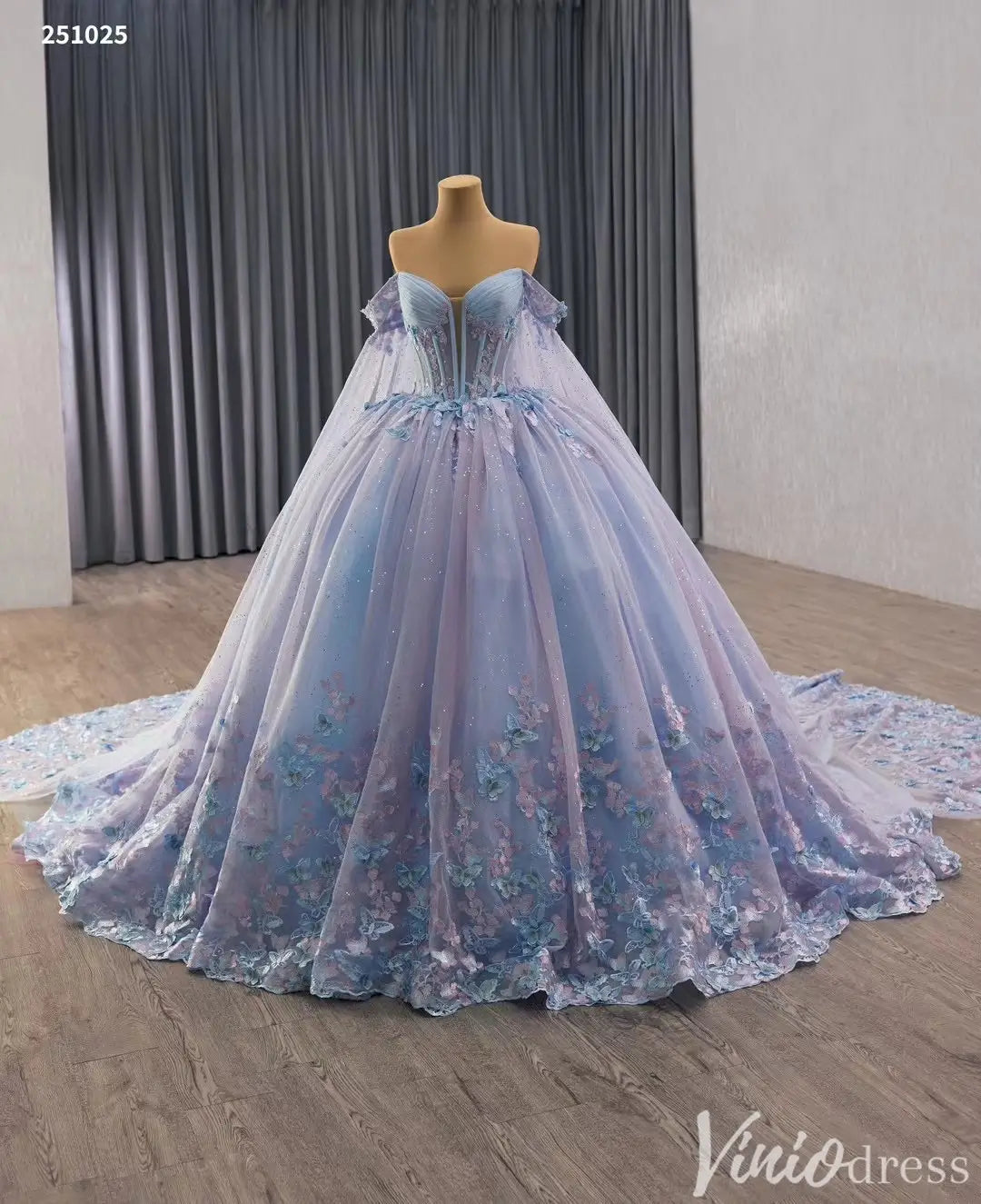 Sparkly Off Shoulder Blue Purple Quinceañera Dress with Butterfly Appliques 251025-Quinceanera Dresses 2025 -Viniodress-Light Blue-Custom Size-