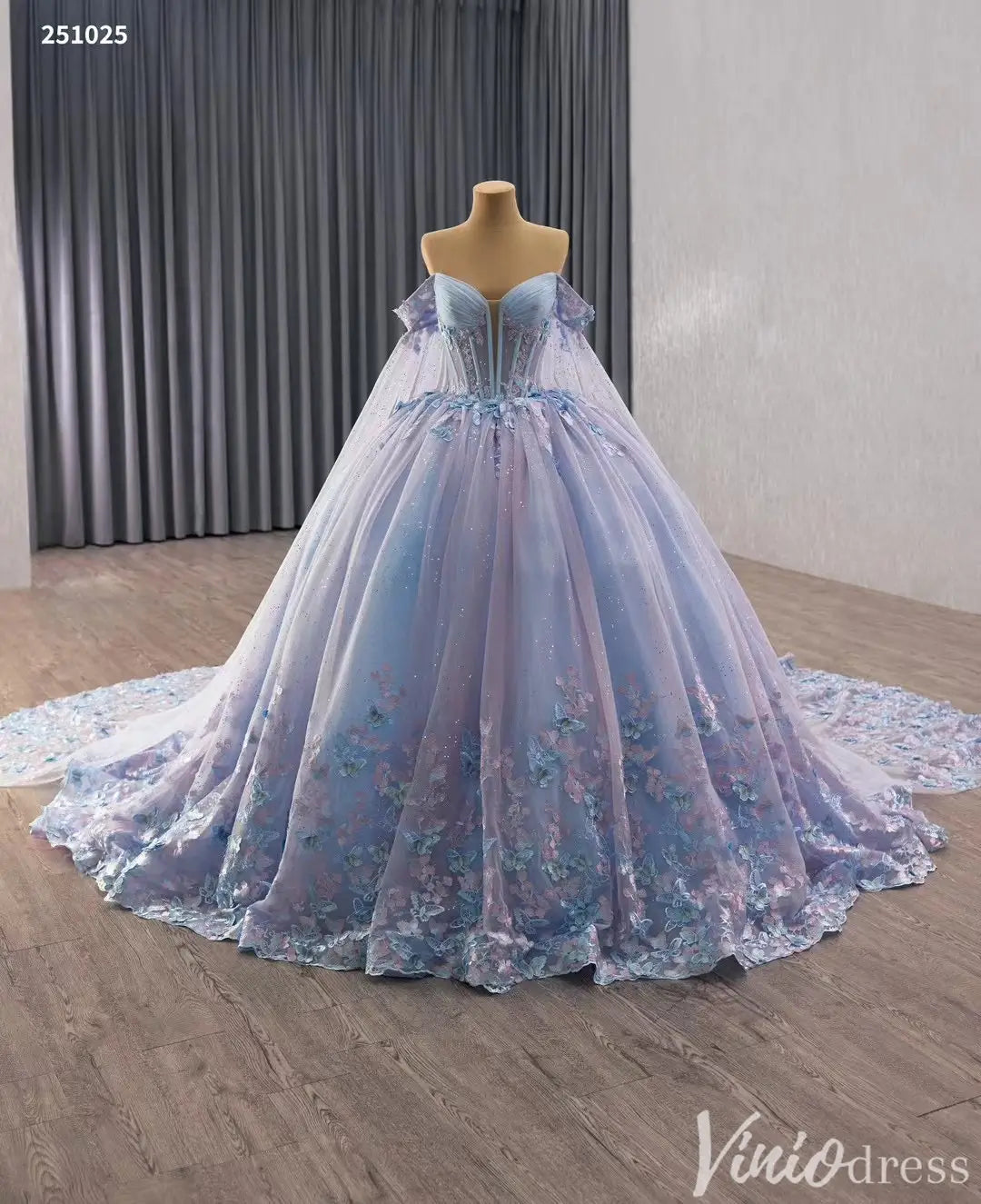 Sparkly Off Shoulder Blue Purple Quinceañera Dress with Butterfly Appliques 251025-Quinceanera Dresses 2025 -Viniodress-Light Blue-Custom Size-