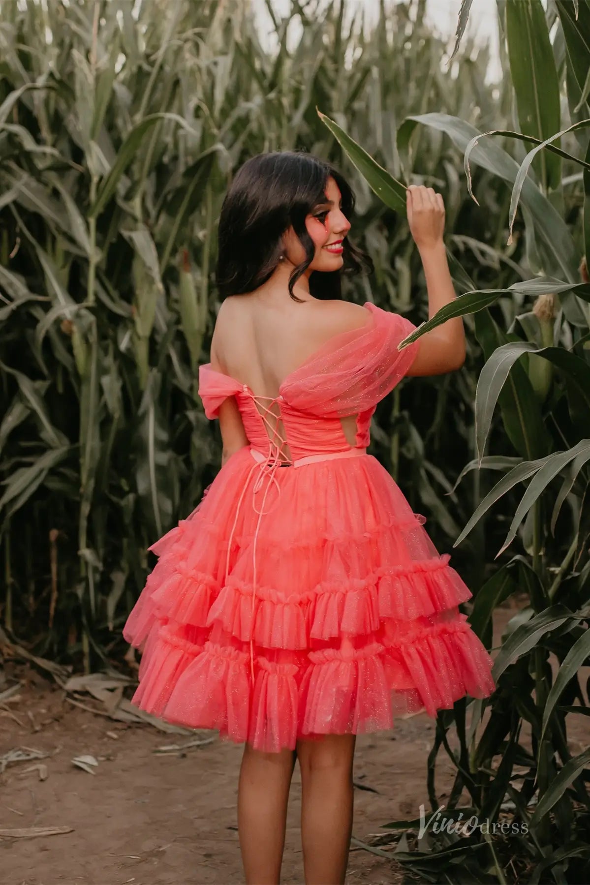 Sparkly Off Shoulder Homecoming Dress with Pleated Bodice and Tiered Ruffle Tulle Skirt – H1116-Homecoming Dresses 2025 -Viniodress-Peach-Custom Size-