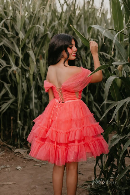 Sparkly Off Shoulder Homecoming Dress with Pleated Bodice and Tiered Ruffle Tulle Skirt – H1116-Homecoming Dresses 2025 -Viniodress-Peach-Custom Size-