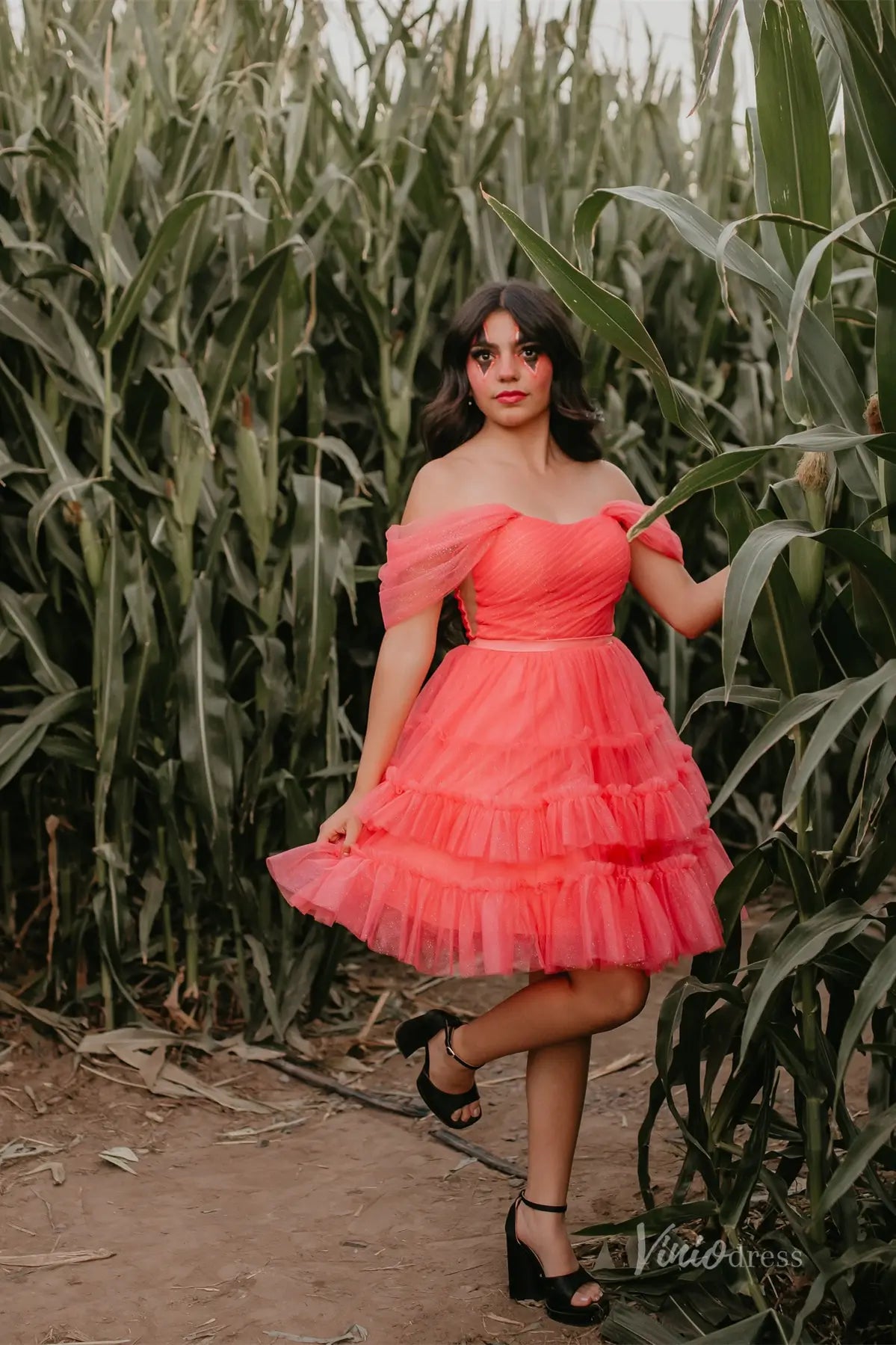 Sparkly Off Shoulder Homecoming Dress with Pleated Bodice and Tiered Ruffle Tulle Skirt – H1116-Homecoming Dresses 2025 -Viniodress-Peach-Custom Size-