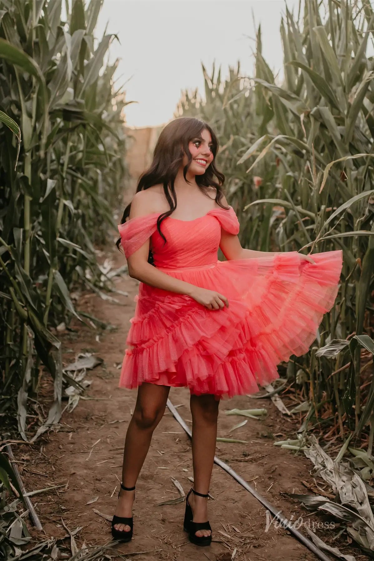 Sparkly Off Shoulder Homecoming Dress with Pleated Bodice and Tiered Ruffle Tulle Skirt – H1116-Homecoming Dresses 2025 -Viniodress-Peach-Custom Size-