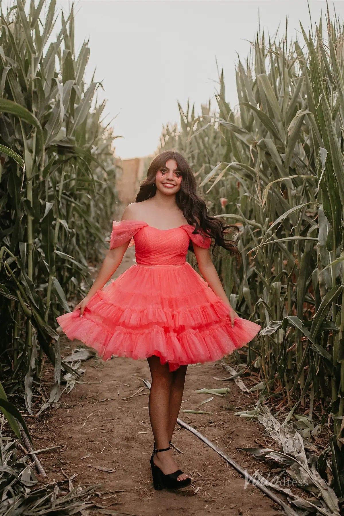 Sparkly Off Shoulder Homecoming Dress with Pleated Bodice and Tiered Ruffle Tulle Skirt – H1116-Homecoming Dresses 2025 -Viniodress-Peach-Custom Size-