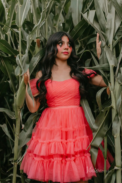 Sparkly Off Shoulder Homecoming Dress with Pleated Bodice and Tiered Ruffle Tulle Skirt – H1116-Homecoming Dresses 2025 -Viniodress-Peach-Custom Size-