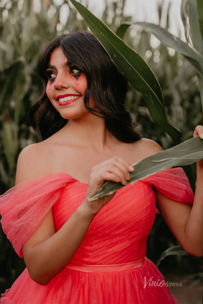 Sparkly Off Shoulder Homecoming Dress with Pleated Bodice and Tiered Ruffle Tulle Skirt – H1116-Homecoming Dresses 2025 -Viniodress-Peach-Custom Size-