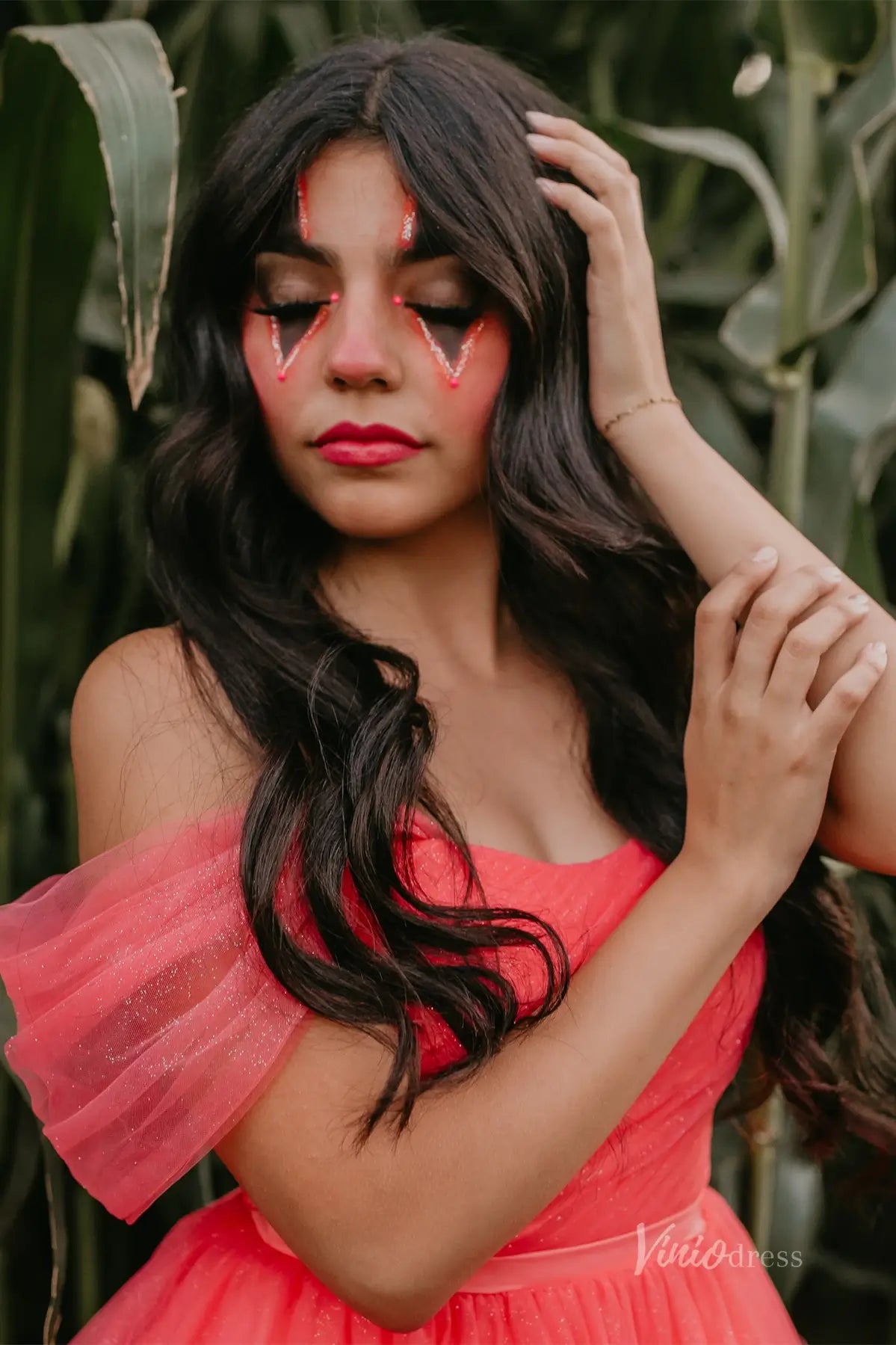 Sparkly Off Shoulder Homecoming Dress with Pleated Bodice and Tiered Ruffle Tulle Skirt – H1116-Homecoming Dresses 2025 -Viniodress-Peach-Custom Size-