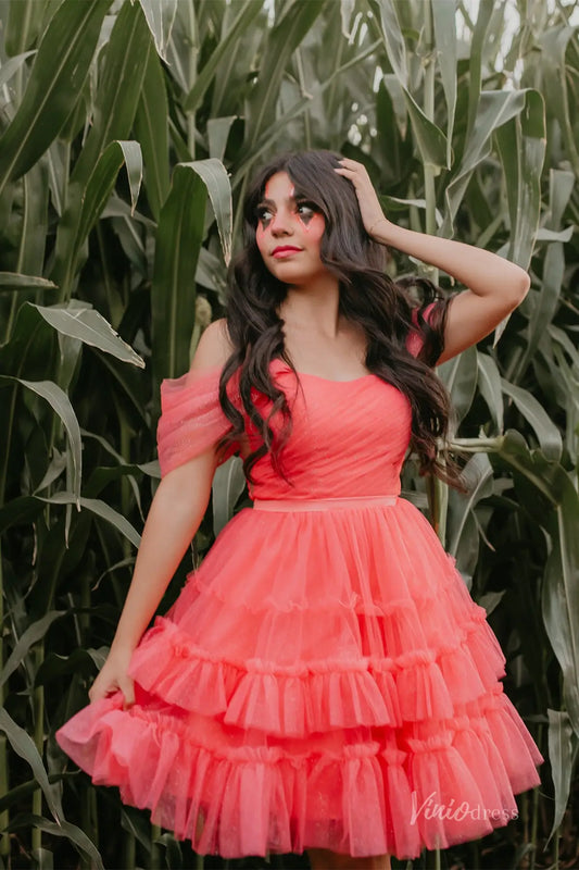 Sparkly Off Shoulder Homecoming Dress with Pleated Bodice and Tiered Ruffle Tulle Skirt – H1116-Homecoming Dresses 2025 -Viniodress-Peach-Custom Size-
