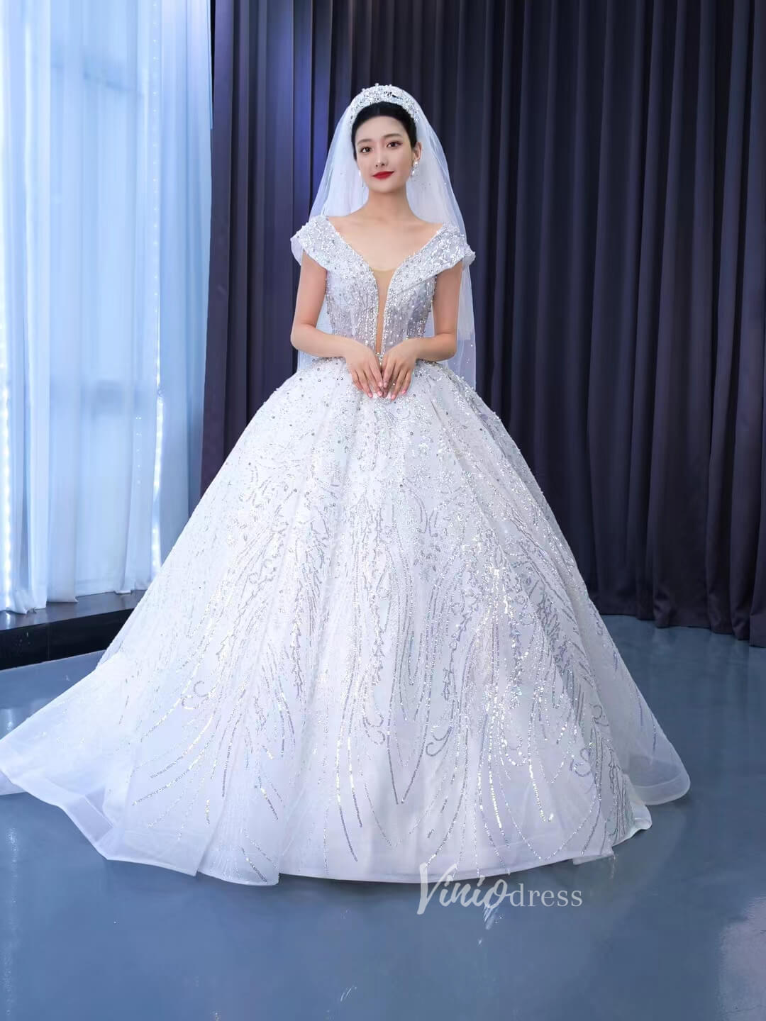 Sparkly Off the Shoulder Ball Gown Dubai Wedding Dresses 67517-wedding dresses 2025 -Viniodress-Ivory-Custom Size-