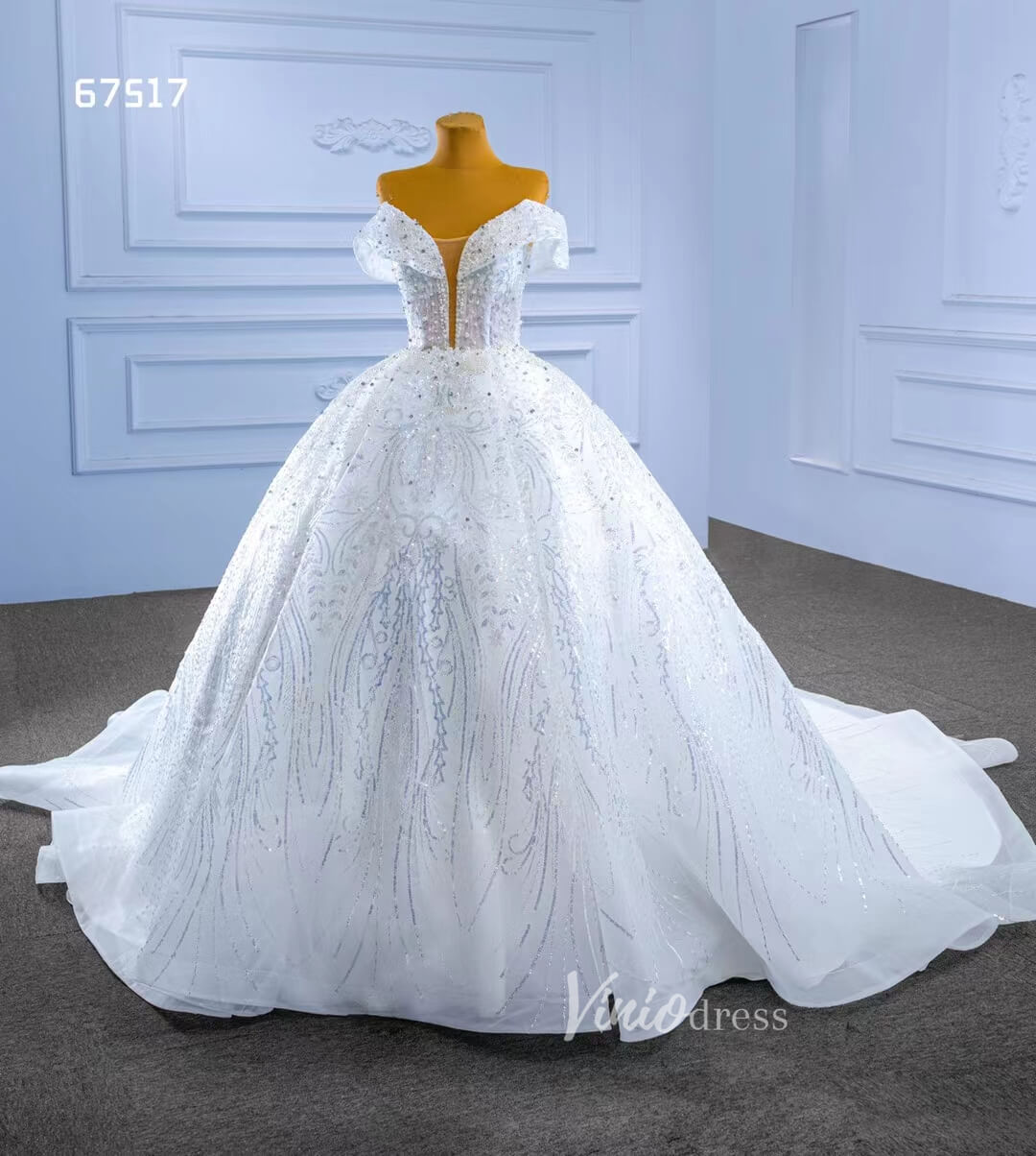 Sparkly Off the Shoulder Ball Gown Dubai Wedding Dresses 67517-wedding dresses 2025 -Viniodress-Ivory-Custom Size-