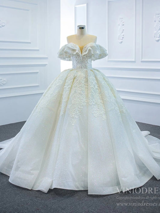 Sparkly Off the Shoulder Lace Ball Gown Wedding Dresses 67162-wedding dresses 2025 -Viniodress-As Picture-Custom Size-