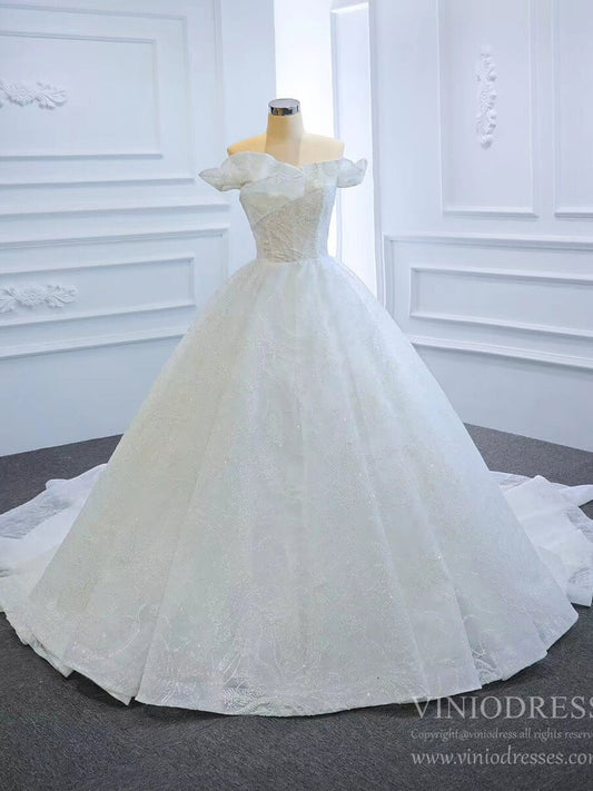 Sparkly Off the Shoulder Wedding Dresses with Long Train VW1790-wedding dresses 2025 -Viniodress-As Picture-Custom Size-