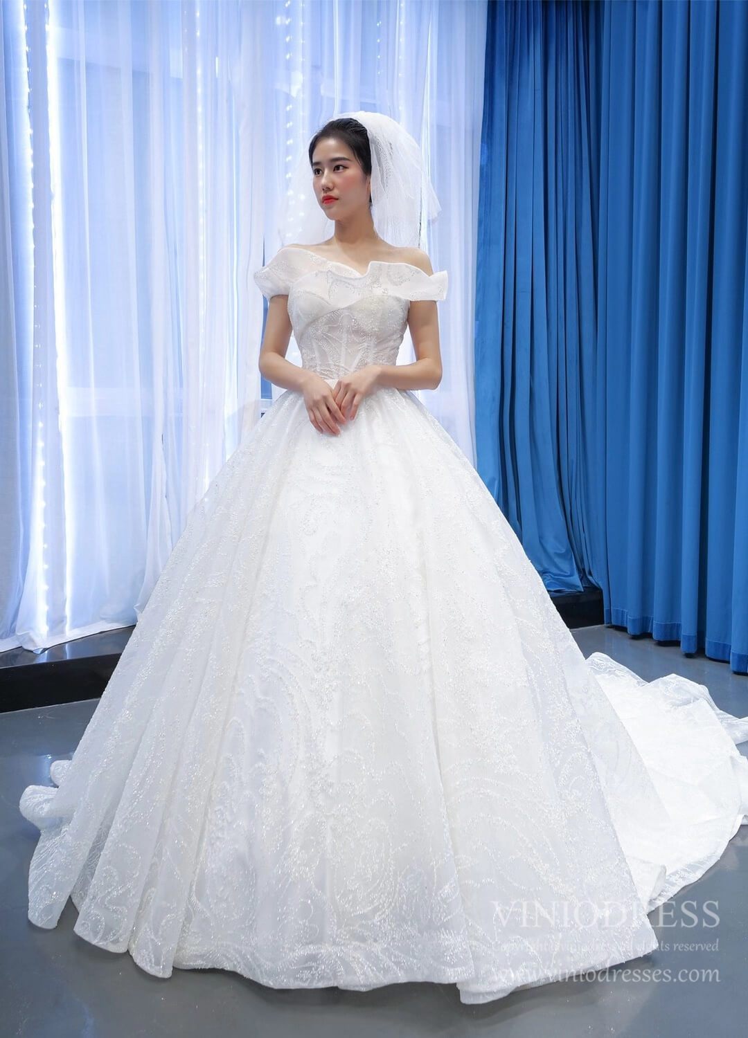 Sparkly Off the Shoulder Wedding Dresses with Long Train VW1790-wedding dresses 2025 -Viniodress-As Picture-Custom Size-