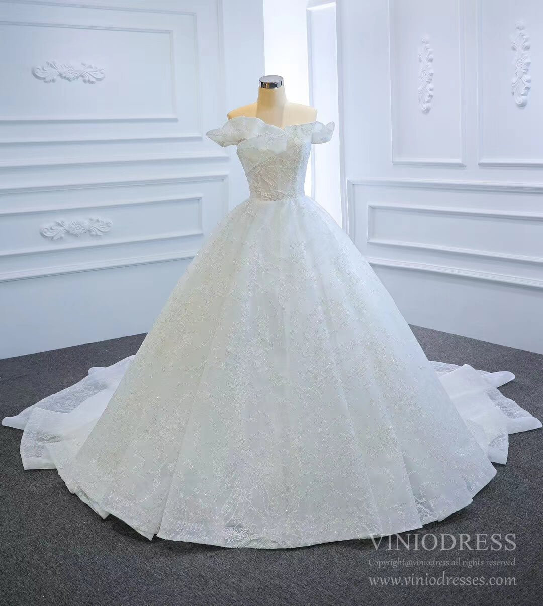 Sparkly Off the Shoulder Wedding Dresses with Long Train VW1790-wedding dresses 2025 -Viniodress-As Picture-Custom Size-