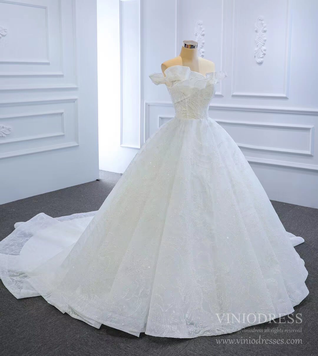 Sparkly Off the Shoulder Wedding Dresses with Long Train VW1790-wedding dresses 2025 -Viniodress-As Picture-Custom Size-