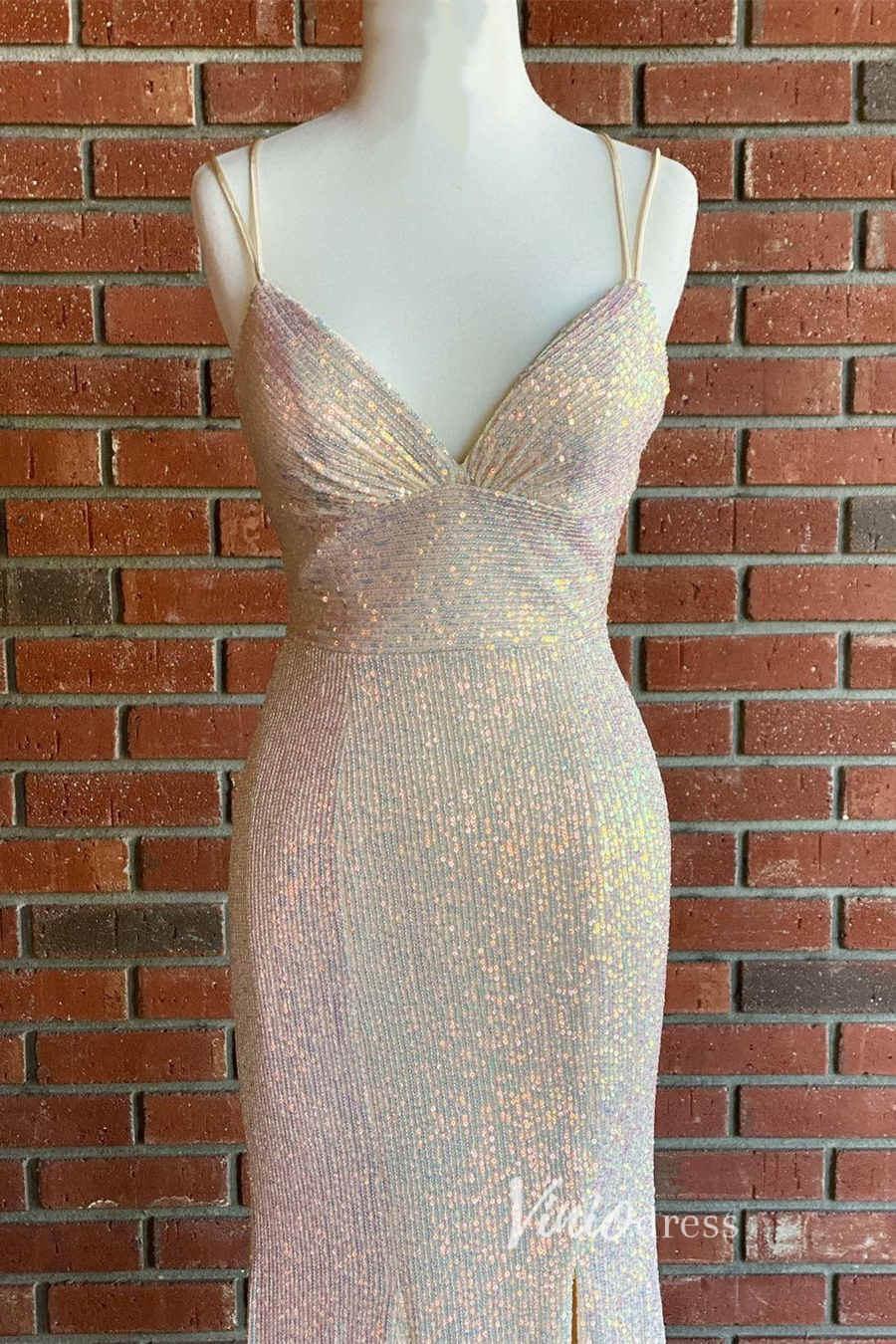 Sparkly Orange Sequin Prom Dress – Mermaid Formal Dress with Slit, Spaghetti Strap V-neck FD3277-prom dresses 2025 -Viniodress-Orange-Custom Size-