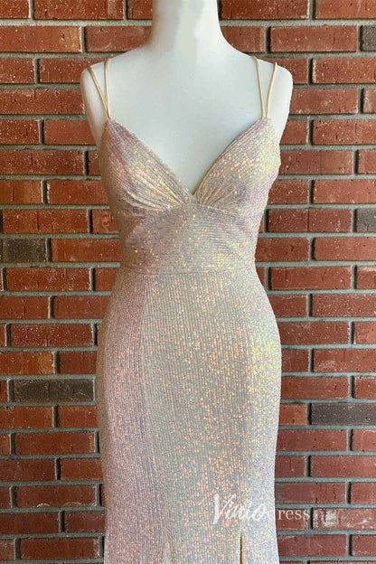 Sparkly Orange Sequin Prom Dress – Mermaid Formal Dress with Slit, Spaghetti Strap V-neck FD3277-prom dresses 2025 -Viniodress-Orange-Custom Size-