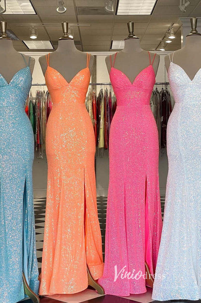 Sparkly Orange Sequin Prom Dress – Mermaid Formal Dress with Slit, Spaghetti Strap V-neck FD3277-prom dresses 2025 -Viniodress-Orange-Custom Size-