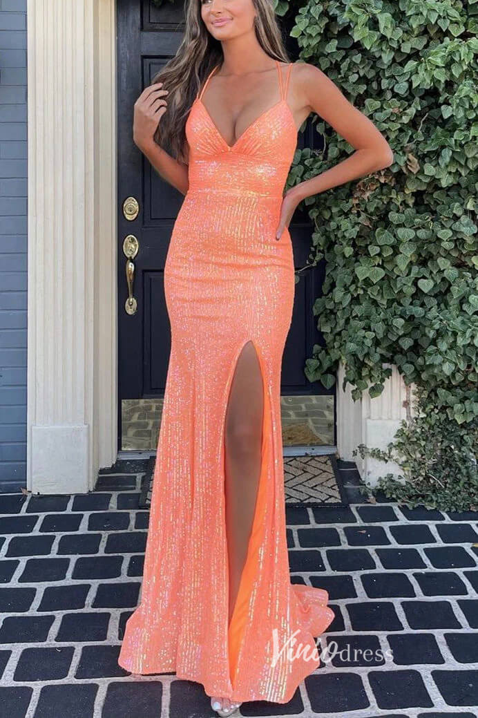Sparkly Orange Sequin Prom Dress – Mermaid Formal Dress with Slit, Spaghetti Strap V-neck FD3277-prom dresses 2025 -Viniodress-Orange-Custom Size-