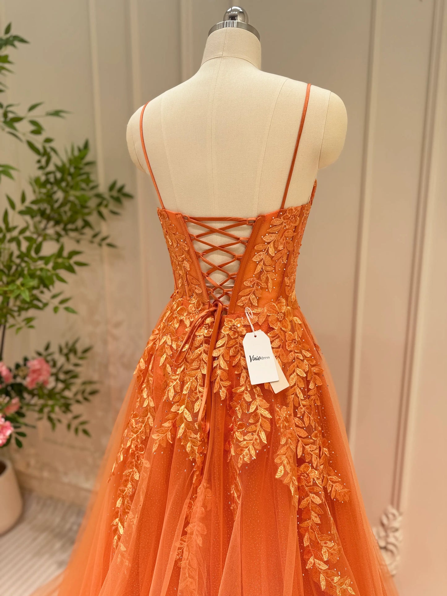 Sparkly Orange Tulle Prom Dresses Spaghetti Strap V-neck Lace Appliqued Formal Dress FD5175-prom dresses 2025 -Viniodress-Orange-Custom Size-