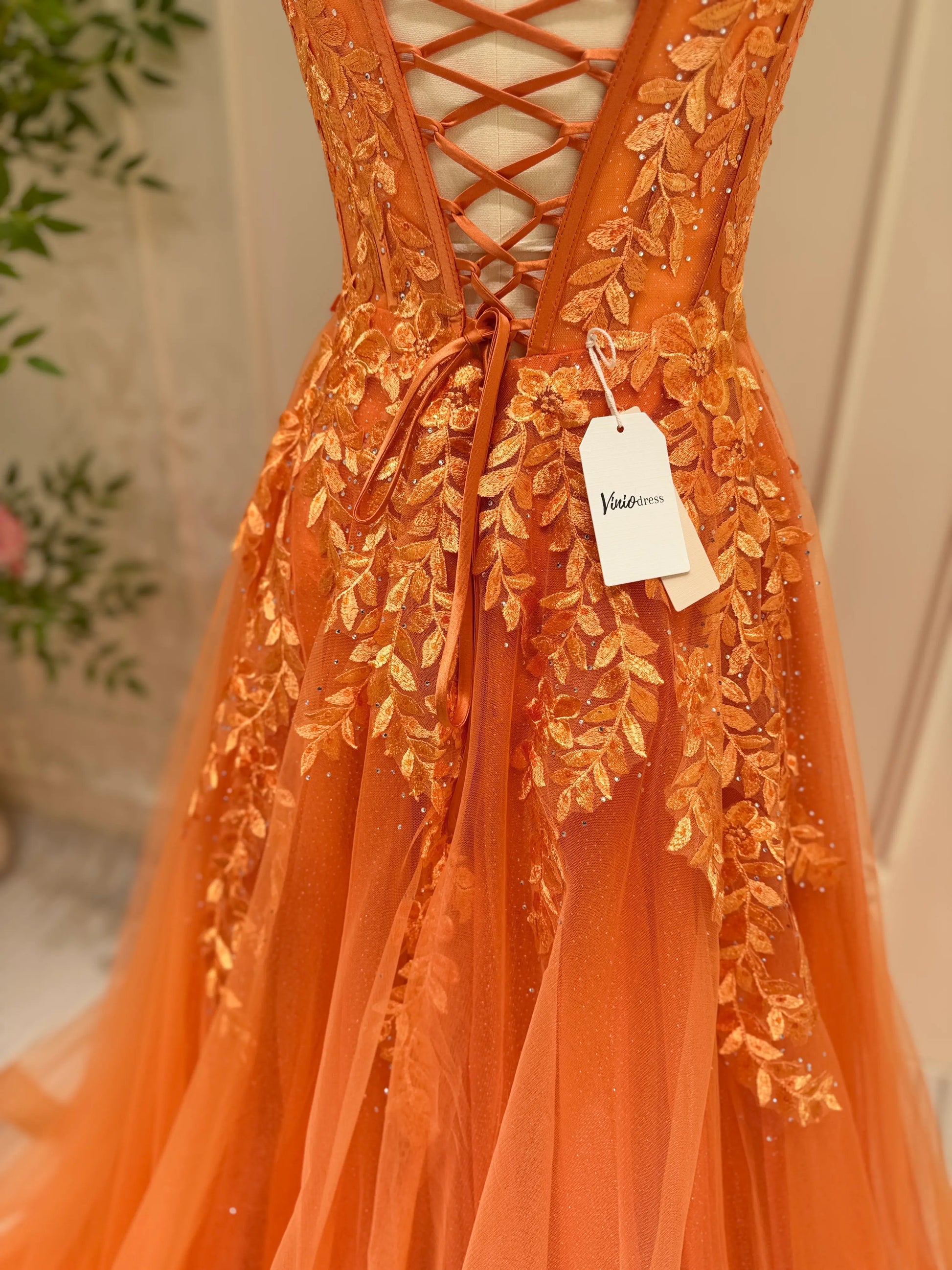 Sparkly Orange Tulle Prom Dresses Spaghetti Strap V-neck Lace Applique Viniodress Sparkly Orange Tulle Prom Dresses Spaghetti Strap V-neck Lace Applique Viniodress