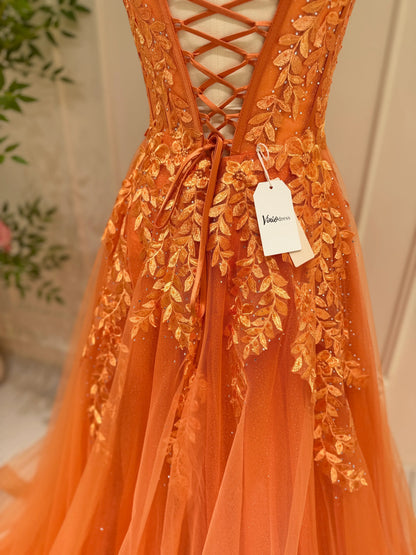 Sparkly Orange Tulle Prom Dresses Spaghetti Strap V-neck Lace Appliqued Formal Dress FD5175-prom dresses 2025 -Viniodress-Orange-Custom Size-