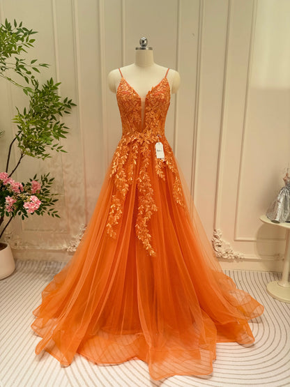 Sparkly Orange Tulle Prom Dresses Spaghetti Strap V-neck Lace Applique Viniodress Sparkly Orange Tulle Prom Dresses Spaghetti Strap V-neck Lace Applique Viniodress