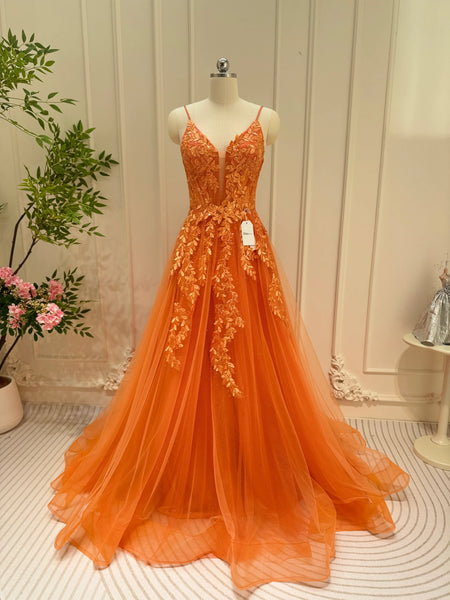 orange lace dress Sparkly Orange Tulle Prom Dresses Spaghetti Strap V-neck Lace Applique –  Viniodress