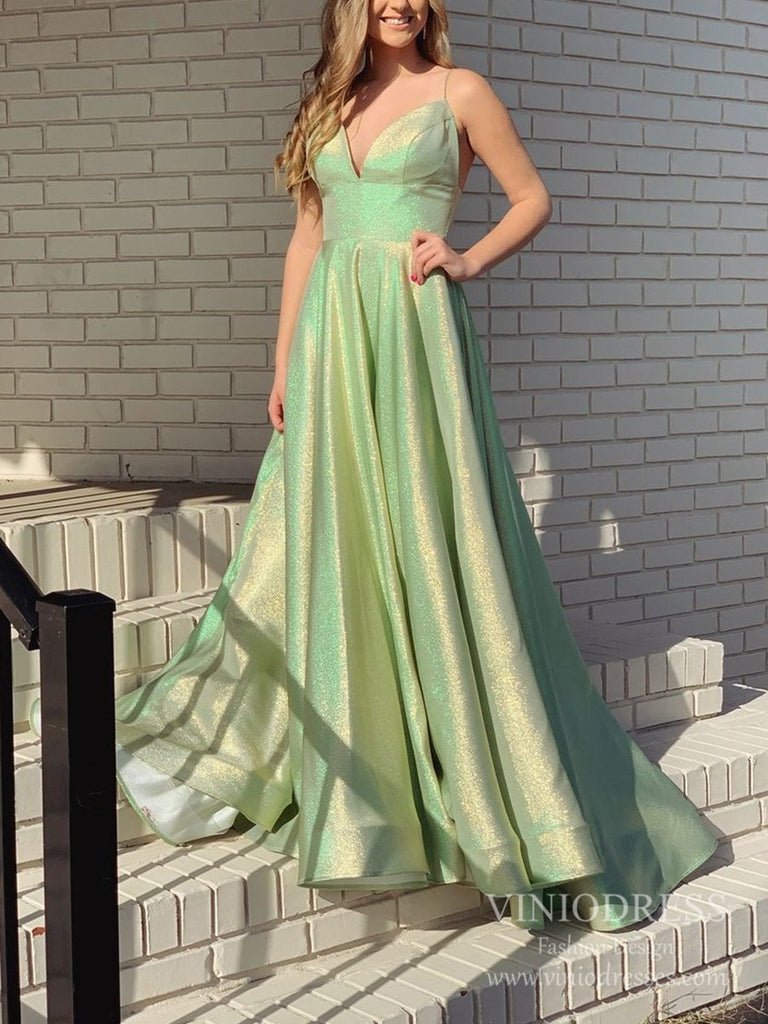 Viniodress Sparkly Pastel Green Long Prom Dresses with Pockets FD2518 Light Green US20W