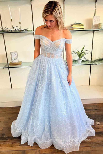 Sparkly Pink Prom Dresses 2024 Long Off the Shoulder Ball Gowns FD3500-prom dresses 2025 -Viniodress-Light Blue-Custom Size-