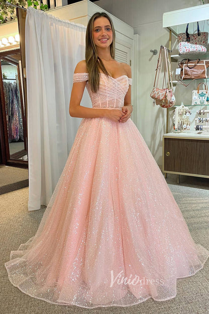 Sparkly Pink Prom Dresses 2024 Long Off the Shoulder Ball Gowns FD3500-prom dresses 2025 -Viniodress-Pink-Custom Size-
