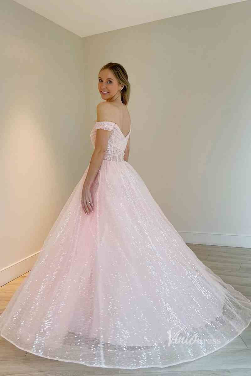 Sparkly Pink Prom Dresses 2024 Long Off the Shoulder Ball Gowns FD3500-prom dresses 2025 -Viniodress-Pink-Custom Size-