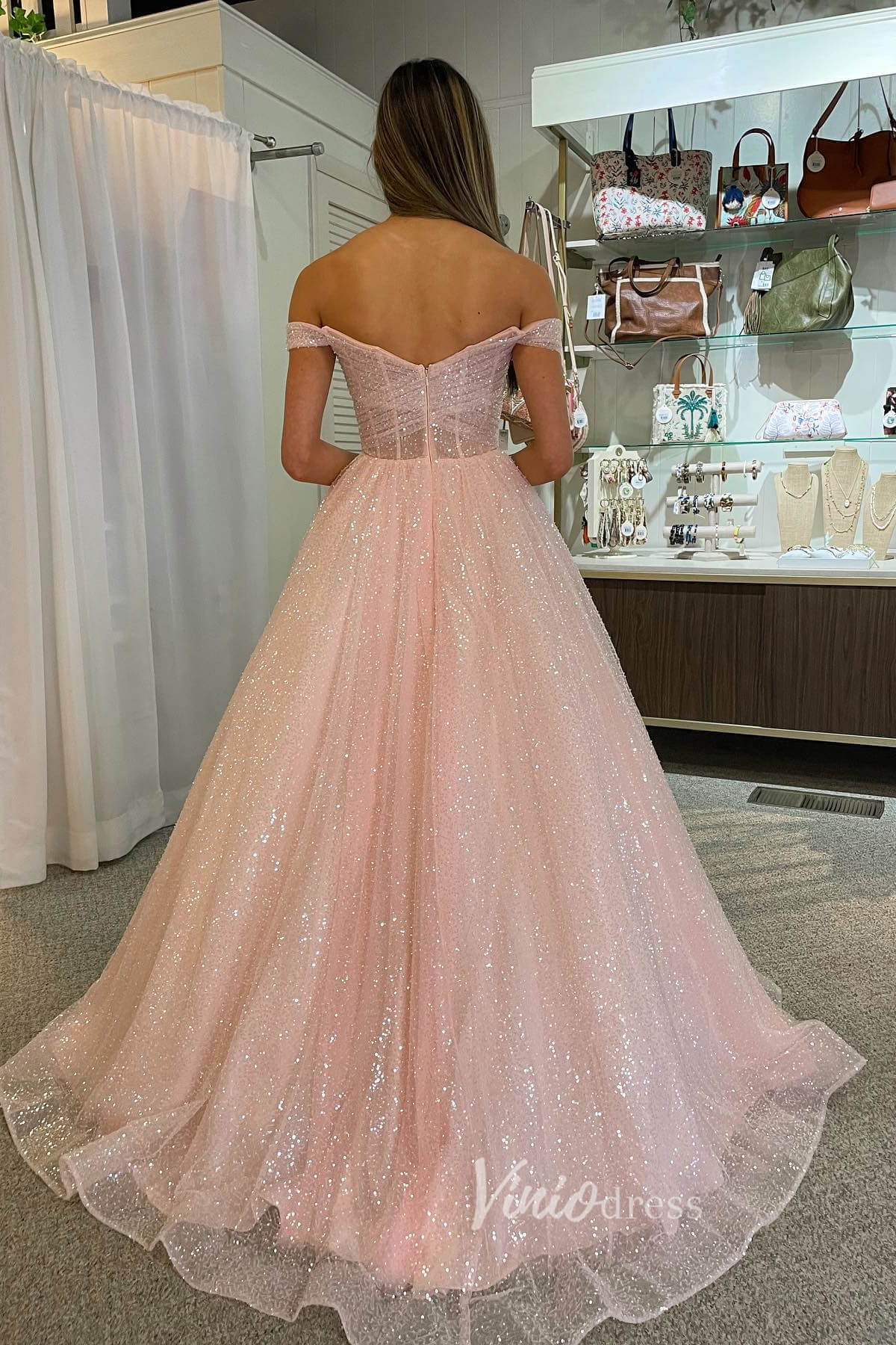 Sparkly Pink Prom Dresses 2024 Long Off the Shoulder Ball Gowns FD3500 - Viniodressprom dressesPinkCustom Size - Formal Dresses - Ball Gowns