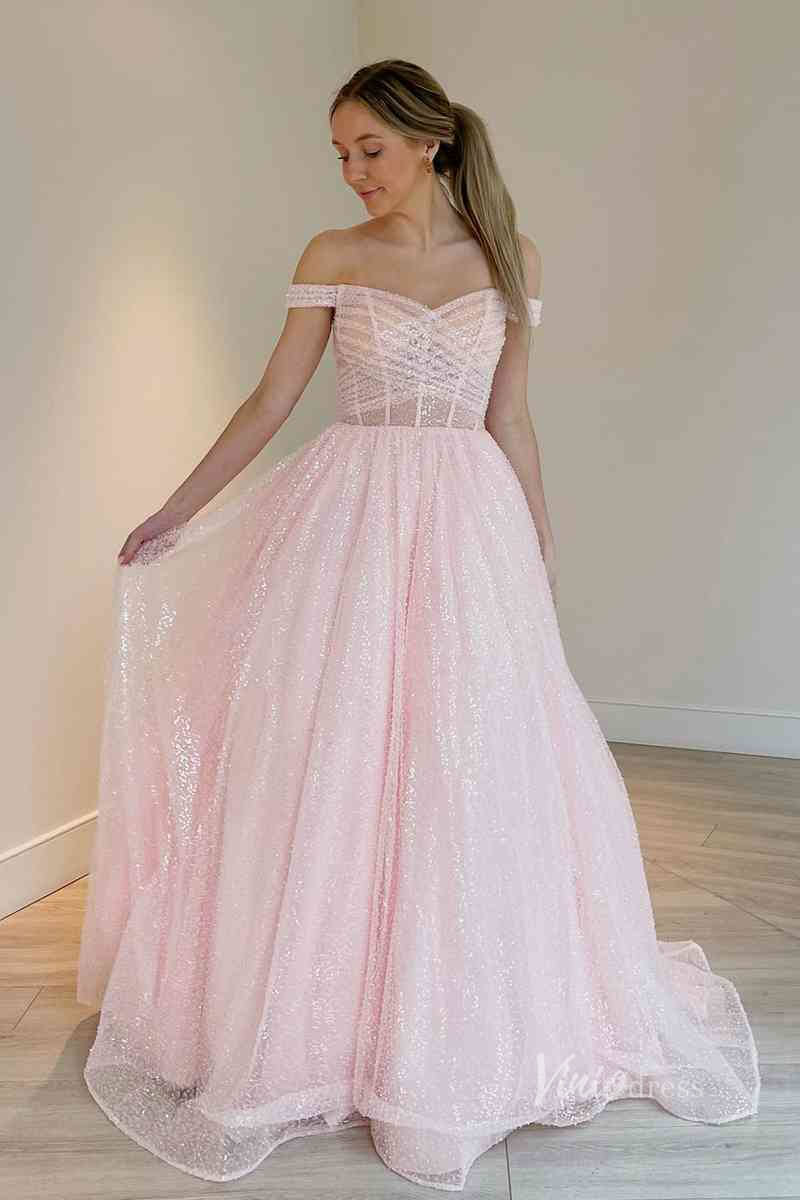 Sparkly Pink Prom Dresses 2024 Long Off the Shoulder Ball Gowns FD3500 - Viniodressprom dressesLight BlueCustom Size - Formal Dresses - Ball Gowns