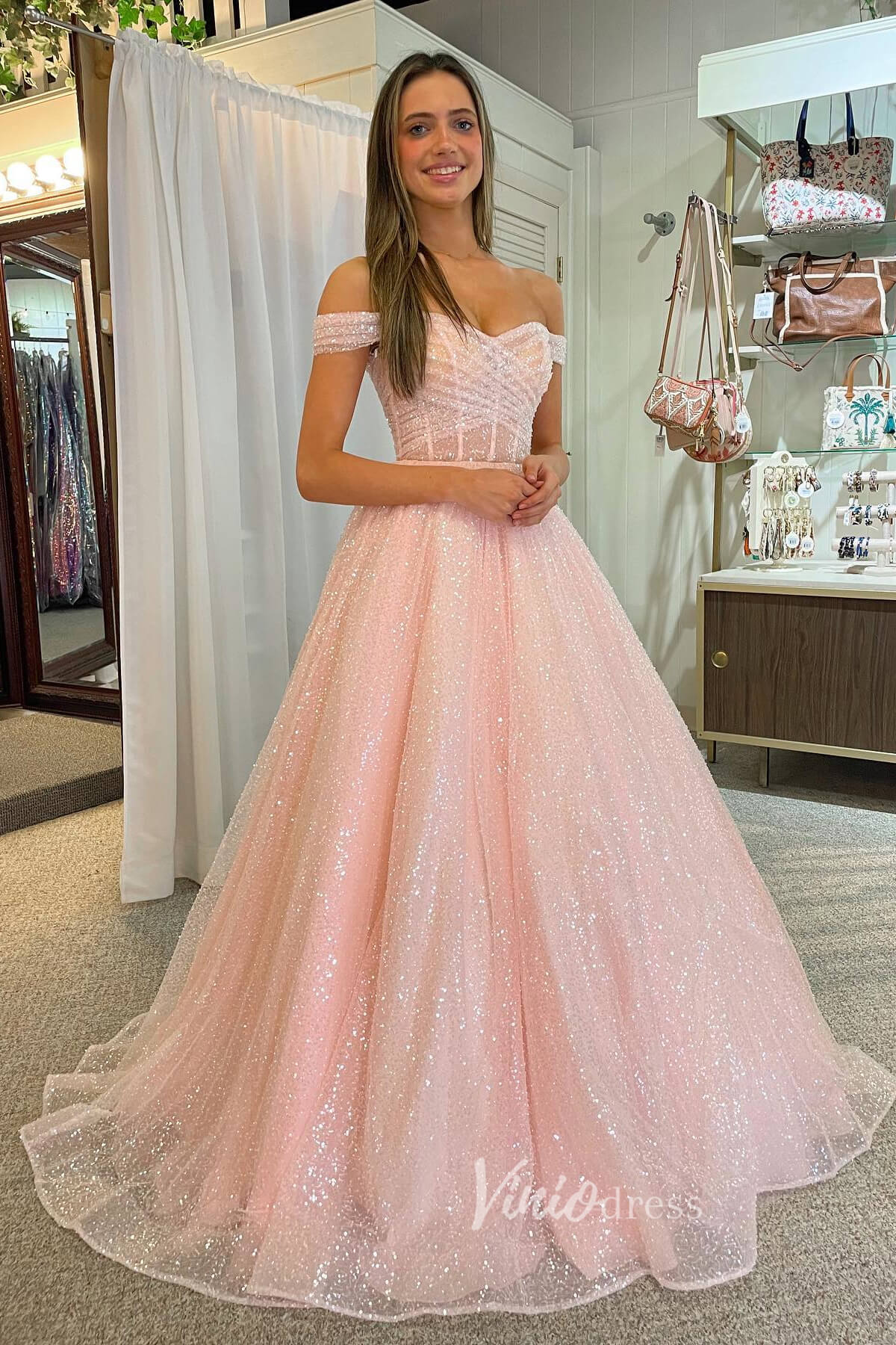 Sparkly Pink Prom Dresses 2024 Long Off the Shoulder Ball Gowns FD3500 - Viniodressprom dressesPinkCustom Size - Formal Dresses - Ball Gowns