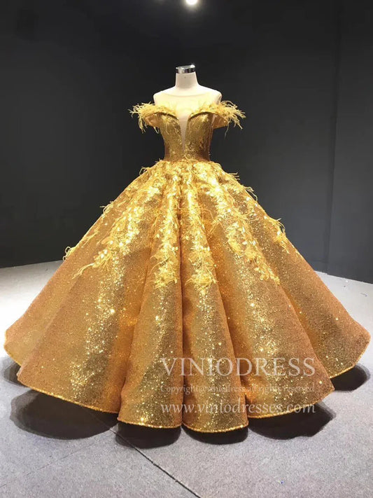 Sparkly Pink Sequin Quinceanera Dresses Off Shoulder Princess Dress FD1669 viniodress-prom dresses 2025 -Viniodress-Gold-Custom Size-