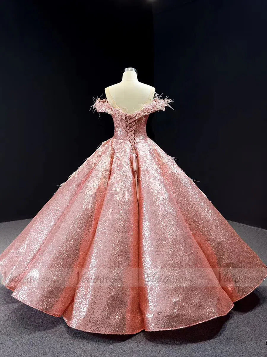 Sparkly Pink Sequin Quinceanera Dresses Off Shoulder Princess Dress FD1669 viniodress-prom dresses 2025 -Viniodress-Pink-Custom Size-