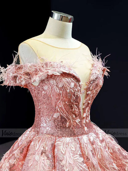 Sparkly Pink Sequin Quinceanera Dresses Off Shoulder Princess Dress FD1669 viniodress-prom dresses 2025 -Viniodress-Pink-Custom Size-