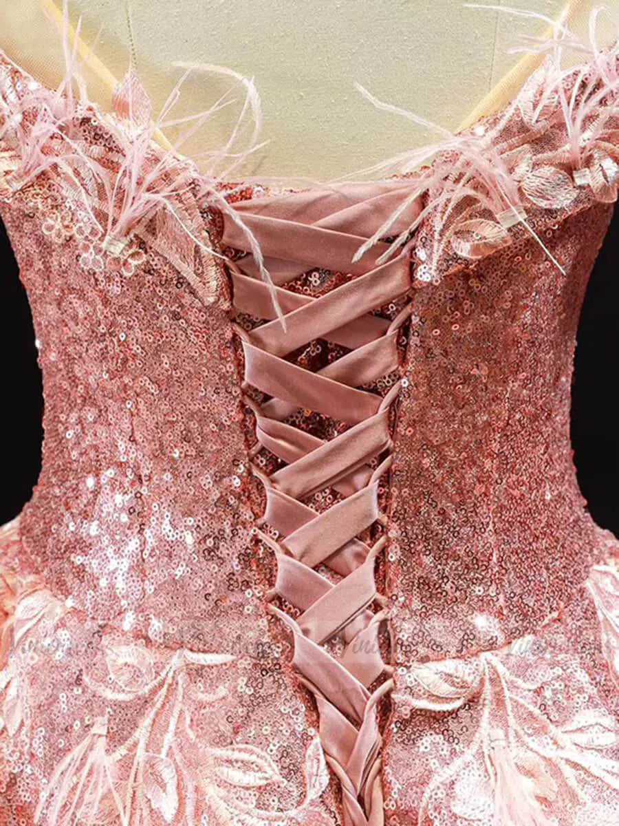 Sparkly Pink Sequin Quinceanera Dresses Off Shoulder Princess Dress FD1669 viniodress-prom dresses 2025 -Viniodress-Pink-Custom Size-