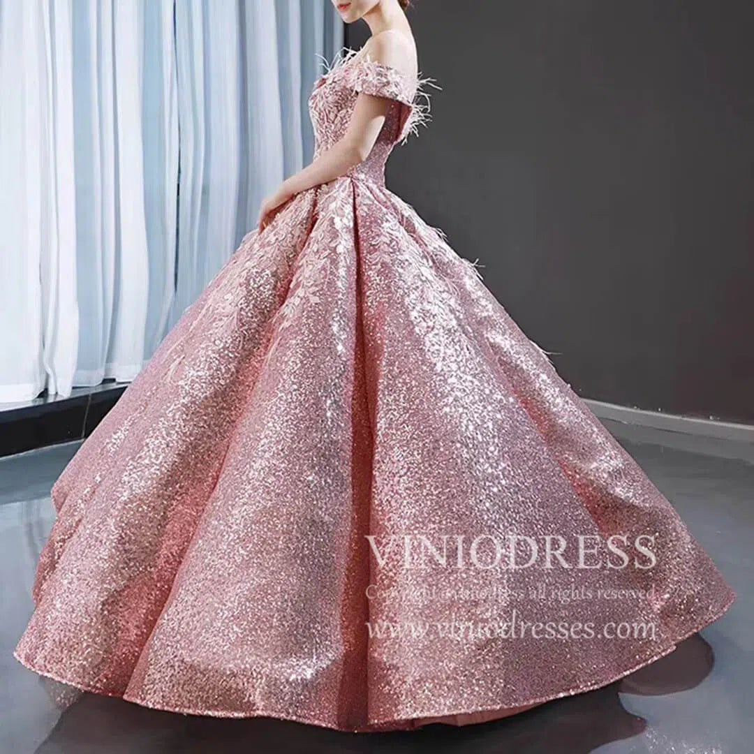 Sparkly Pink Sequin Quinceanera Dresses Off Shoulder Princess Dress FD1669 viniodress-prom dresses 2025 -Viniodress-Pink-Custom Size-