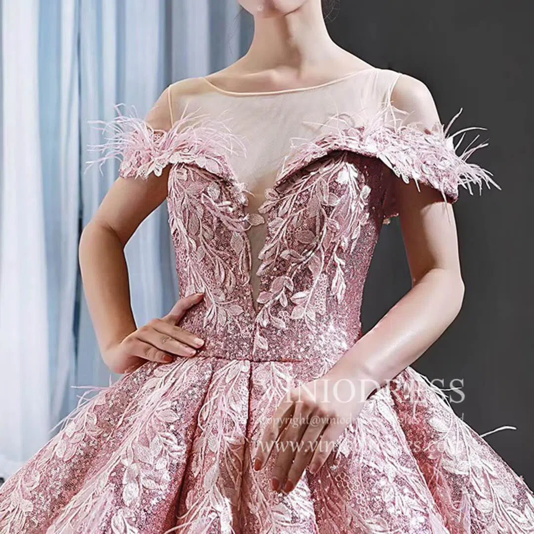 Sparkly Pink Sequin Quinceanera Dresses Off Shoulder Princess Dress FD1669 viniodress-prom dresses 2025 -Viniodress-Pink-Custom Size-