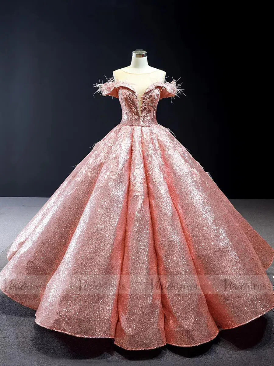 Sparkly Pink Sequin Quinceanera Dresses Off Shoulder Princess Dress FD Viniodress Sparkly Pink Sequin Quinceanera Dresses Off Shoulder Princess Dress FD Viniodress
