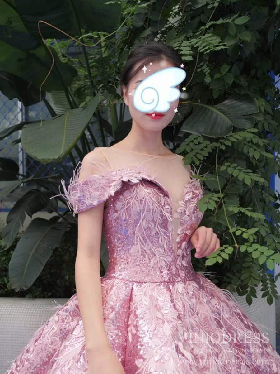 Sparkly Pink Sequin Quinceanera Dresses Off Shoulder Princess Dress FD1669 viniodress-prom dresses 2025 -Viniodress-Pink-Custom Size-