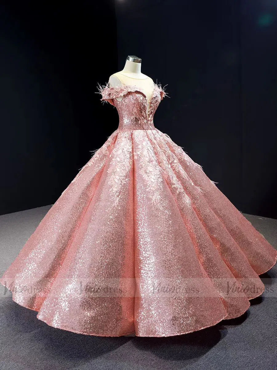 Sparkly Pink Sequin Quinceanera Dresses Off Shoulder Princess Dress FD1669 viniodress-prom dresses 2025 -Viniodress-Pink-Custom Size-
