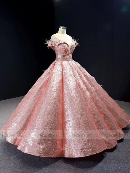 Sparkly Pink Sequin Quinceanera Dresses Off Shoulder Princess Dress FD1669 viniodress-prom dresses 2025 -Viniodress-Pink-Custom Size-