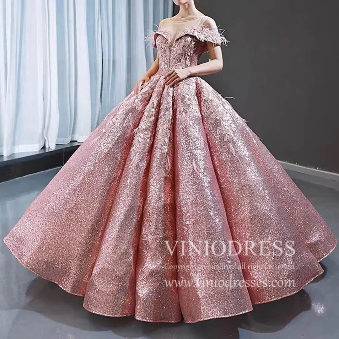 Prom Dress 2025 Sparkly Pink Sequin Quinceanera Dresses Off Shoulder Princess Dress FD1669 viniodress-unique prom dresses-Pink-Custom Size-Viniodress