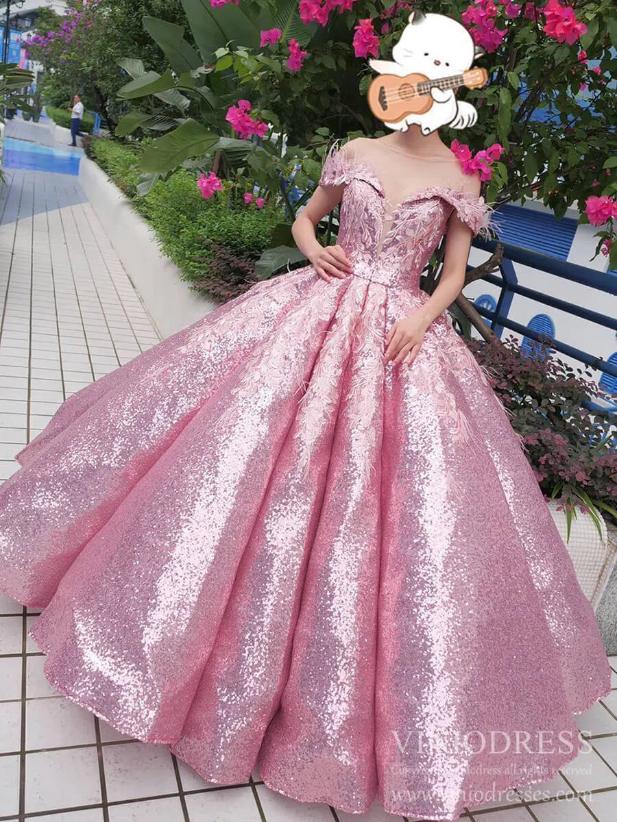 Prom Dress 2025 Sparkly Pink Sequin Quinceanera Dresses Off Shoulder Princess Dress FD1669 viniodress-unique prom dresses-Pink-Custom Size-Viniodress