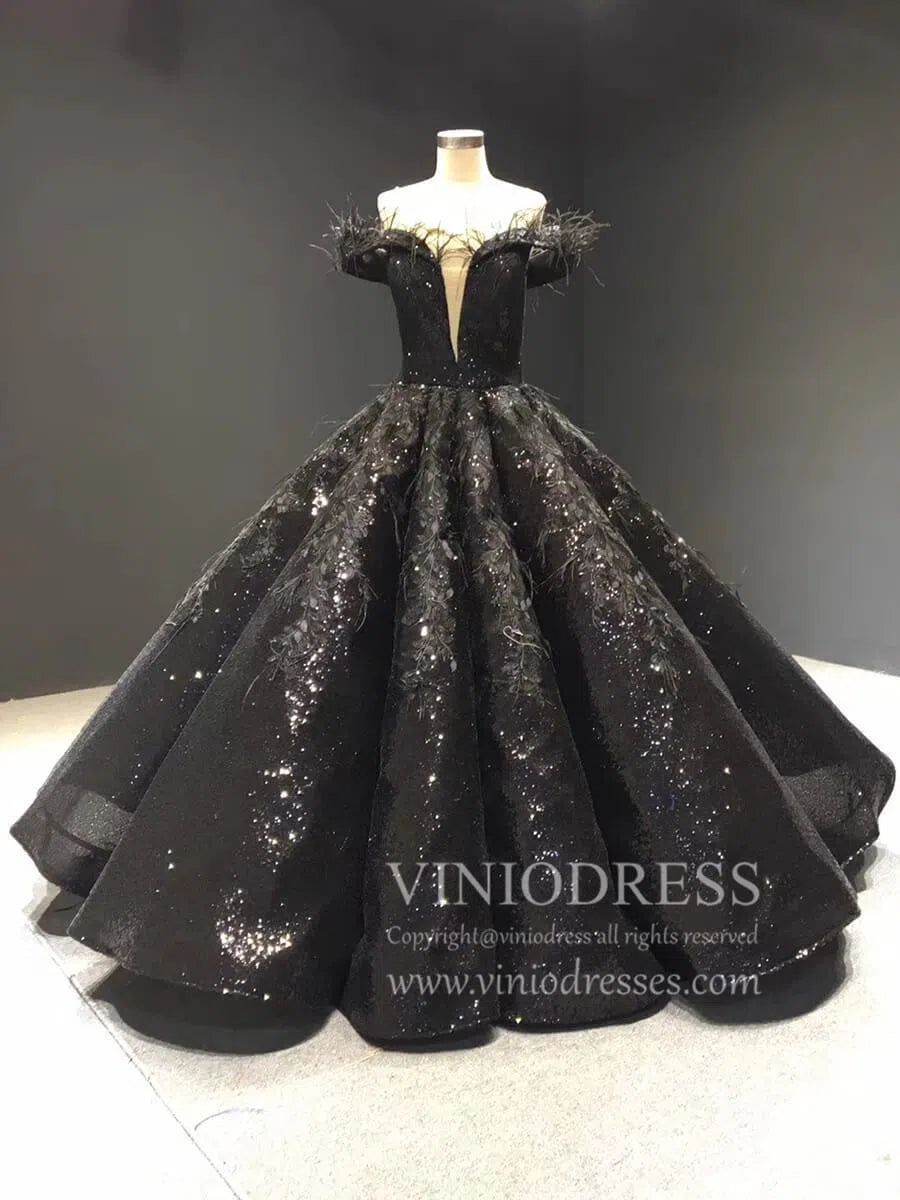 Prom Dress 2025 Sparkly Pink Sequin Quinceanera Dresses Off Shoulder Princess Dress FD1669 viniodress-unique prom dresses-Black-Custom Size-Viniodress