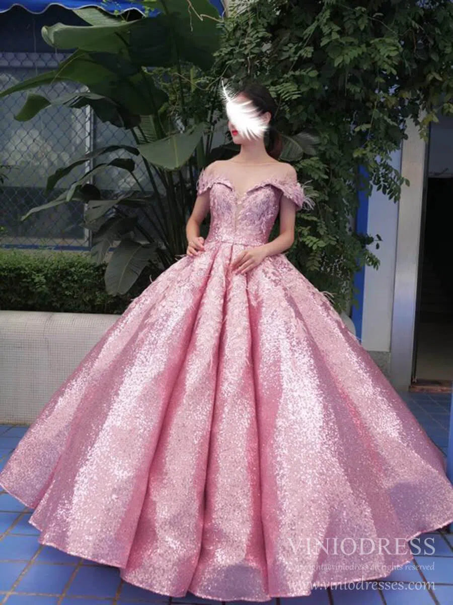 Prom Dress 2025 Sparkly Pink Sequin Quinceanera Dresses Off Shoulder Princess Dress FD1669 viniodress-unique prom dresses-Pink-Custom Size-Viniodress