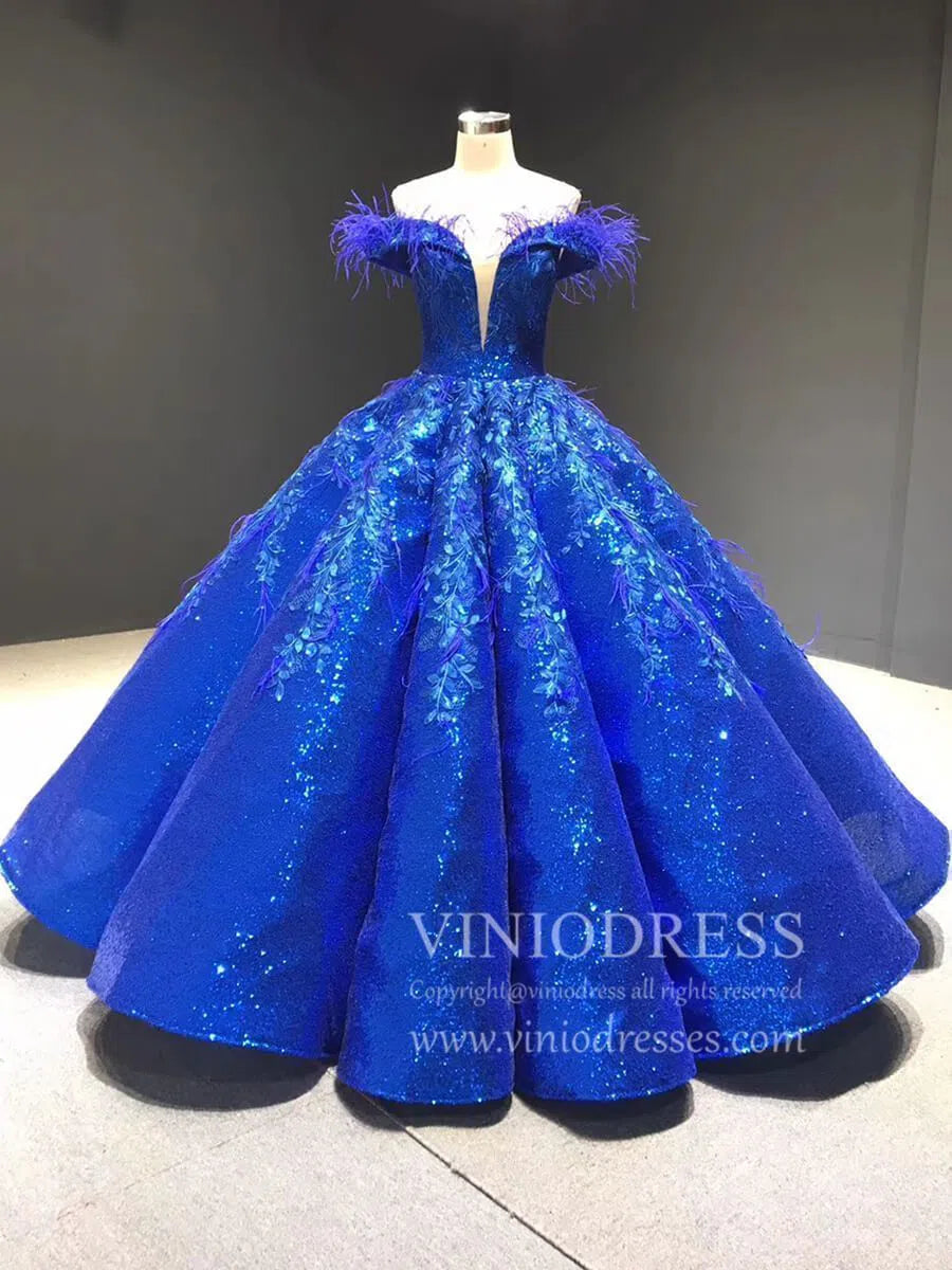 Prom Dress 2025 Sparkly Pink Sequin Quinceanera Dresses Off Shoulder Princess Dress FD1669 viniodress-unique prom dresses-Royal Blue-Custom Size-Viniodress