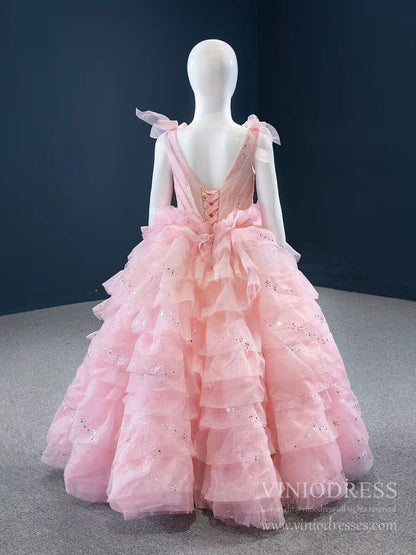 Sparkly Pink Tiered Pageant Gown for Little Girls FD2141C-Pageant Dresses for Kids 2025 -Viniodress-As Picture-Custom Size-
